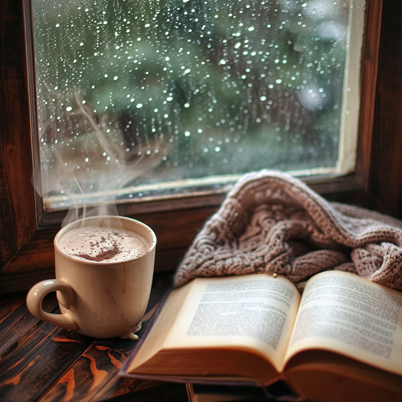 Hot Cocoa with a Book on a Rainy Day