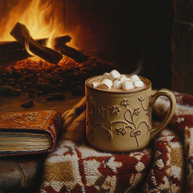 Classic Mug of Hot Cocoa by a Fireplace