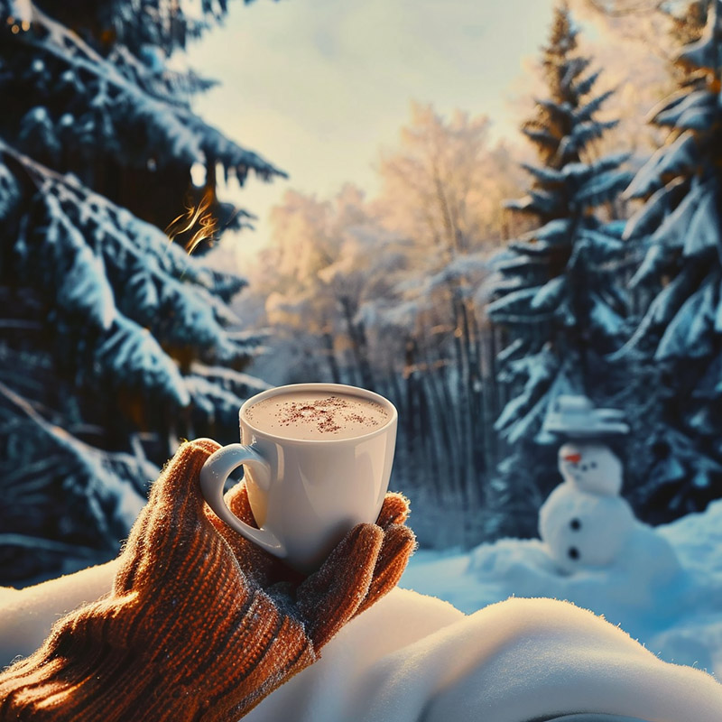Outdoor Winter Scene with Hot Cocoa