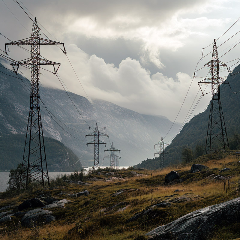 Hydropower Transmission Lines Over Norwegian Landscape