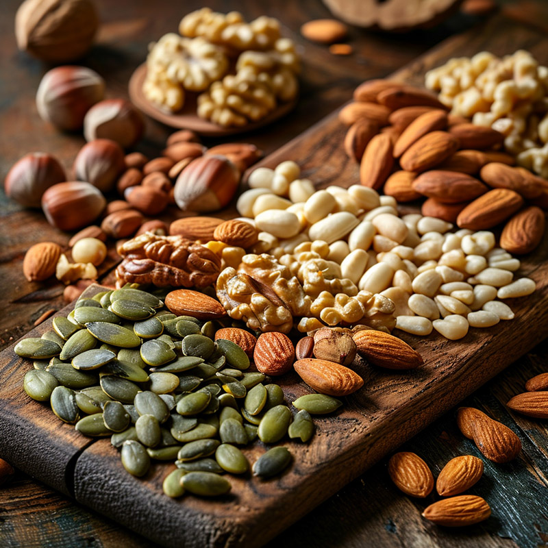 Assortment of Nuts and Seeds on a Wooden Board