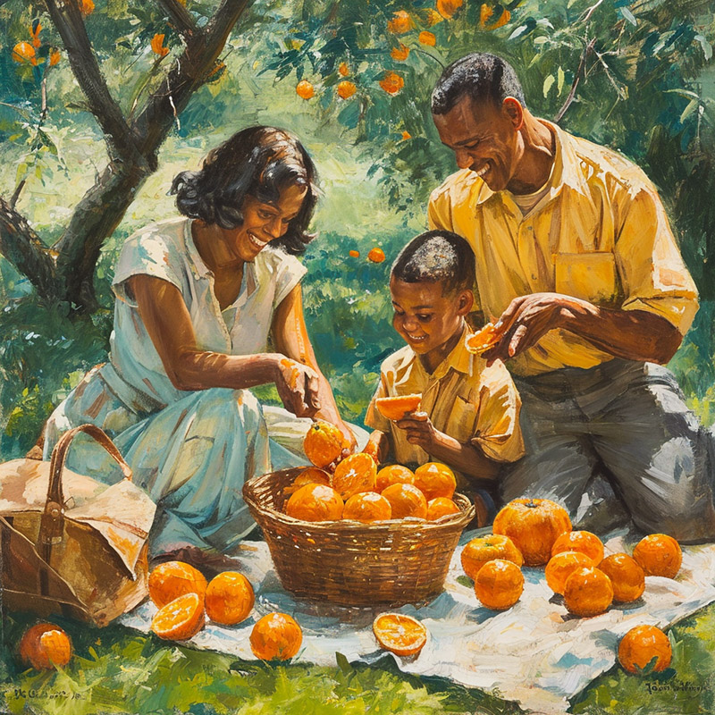 Family Enjoying Oranges at a Picnic