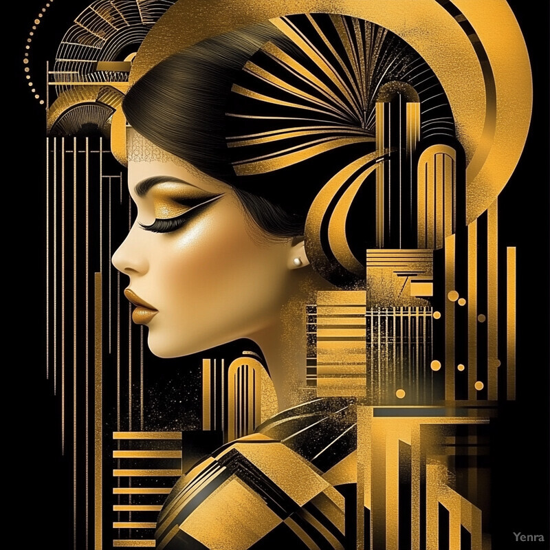 A stunning Art Deco-inspired portrait of a woman with dark hair, elaborate makeup, and a flowing dress or robe.