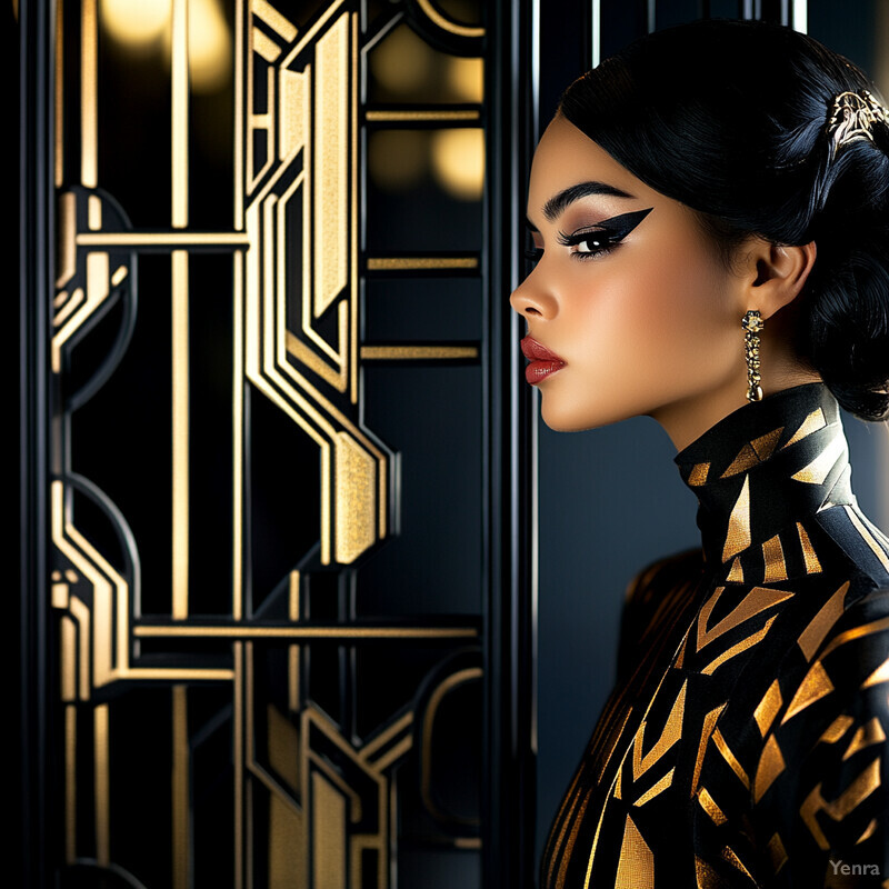 A woman in an Art Deco-inspired outfit stands against a geometric-patterned background