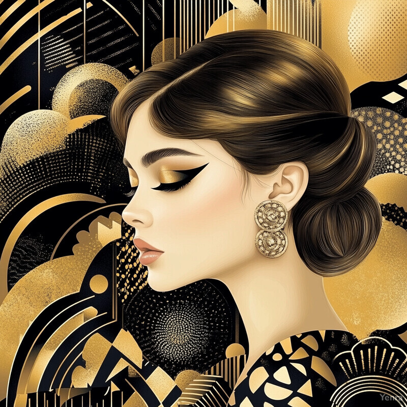 A woman with dark hair and bold makeup poses against an Art Deco-inspired background.