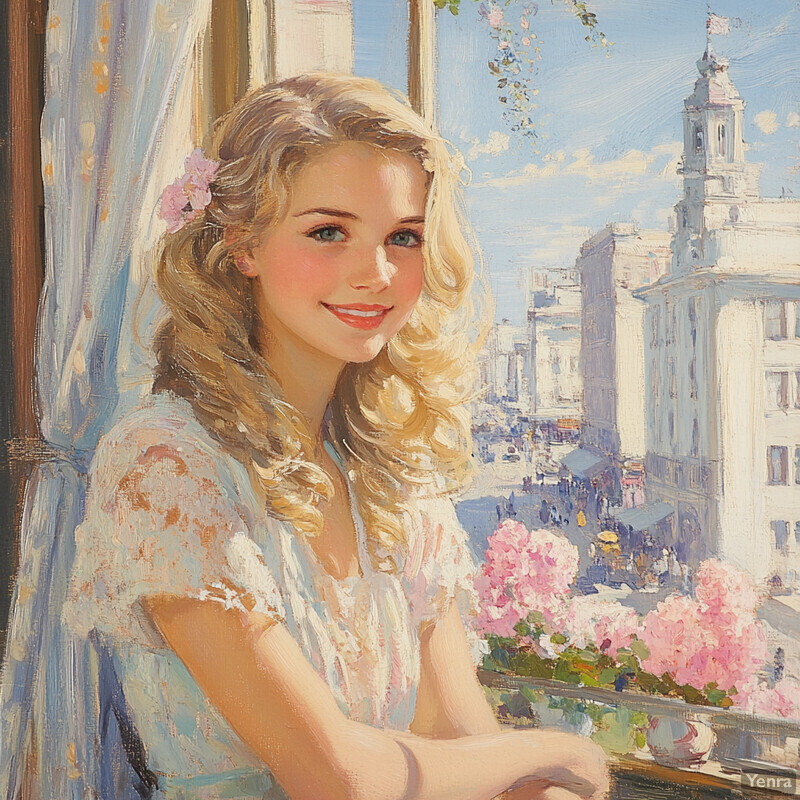 A young woman sits by a window, gazing out at the city below.