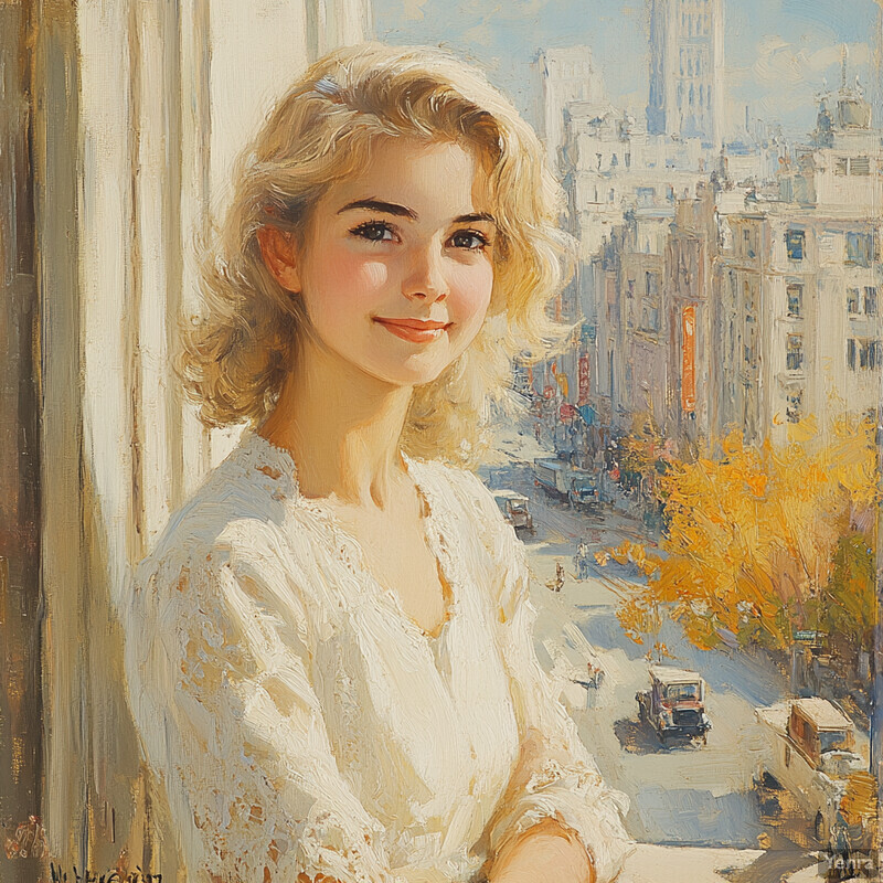 A young woman with blonde hair and a white lace top stands in front of a window overlooking a city street, exuding innocence and elegance.