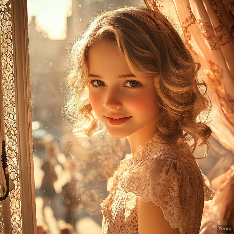 A young girl with blonde hair and green eyes gazes out of a window adorned with lace curtains.