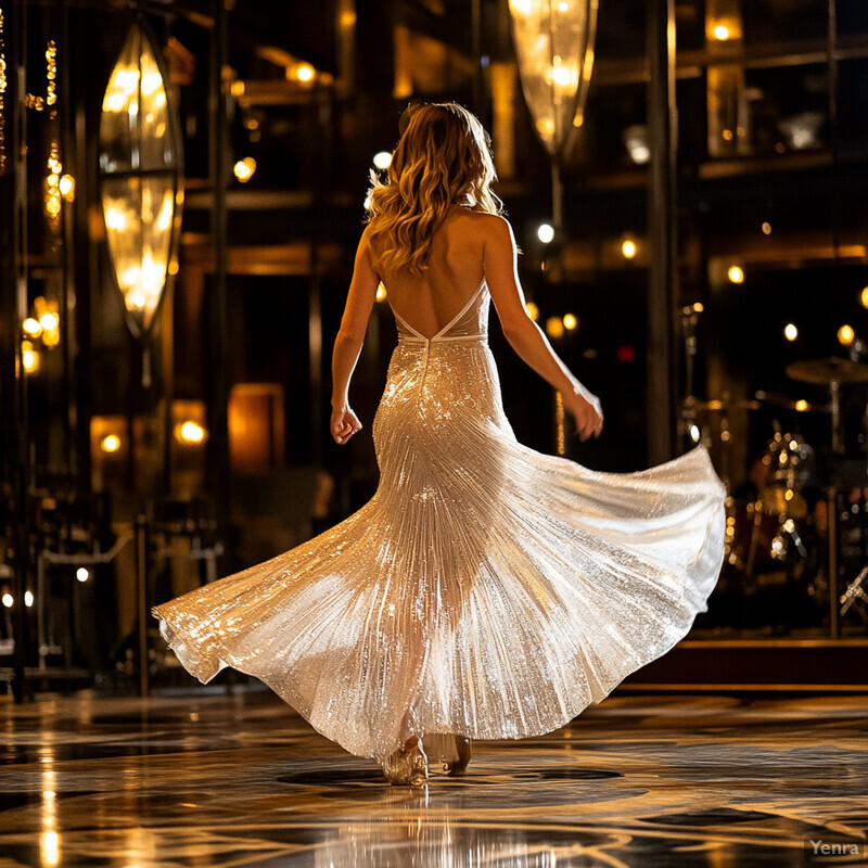 A woman twirling on a stage or dance floor in a stunning gold sequined dress