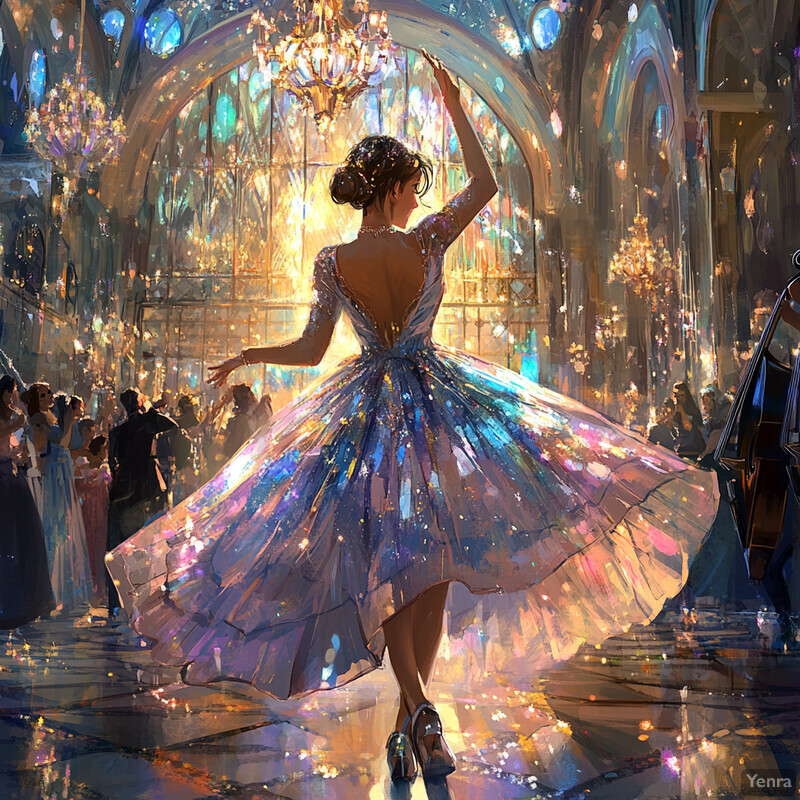 A woman dances in a grand ballroom surrounded by an orchestra and other dancers.