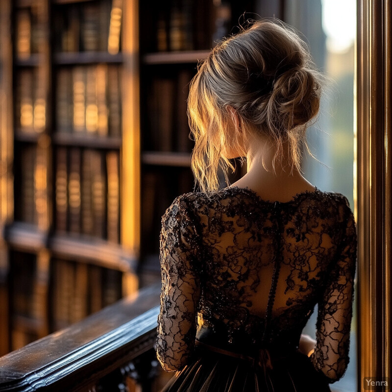 Woman in elegant black lace dress standing in front of antique bookcase