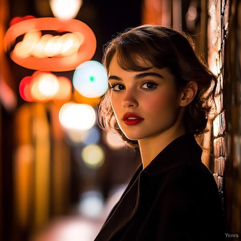 A woman stands in front of a brick wall at night, lost in thought with a cigarette dangling from her mouth.