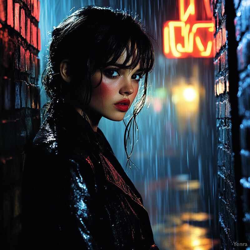 A woman stands in an alleyway at night, surrounded by neon lights and rain.