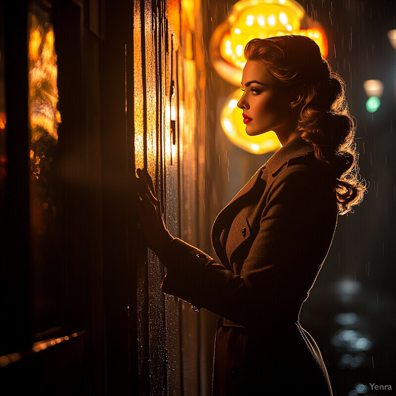 A woman in a Film Noir-inspired setting, standing in front of a door frame, illuminated by a light source from behind.