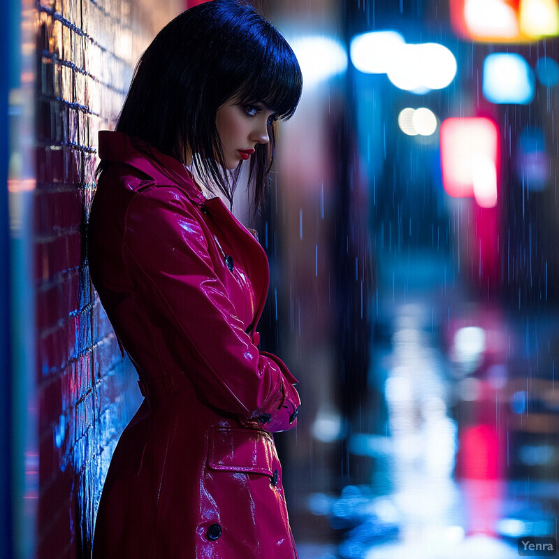 A woman in a red trench coat stands against a brick wall at night, gazing downward in contemplation.