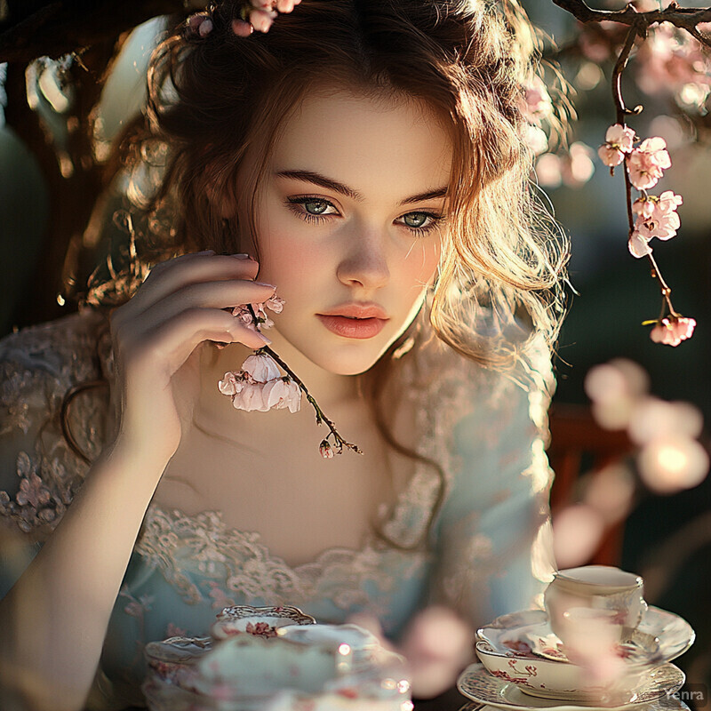 A young woman enjoys tea in an outdoor setting surrounded by cherry blossoms.