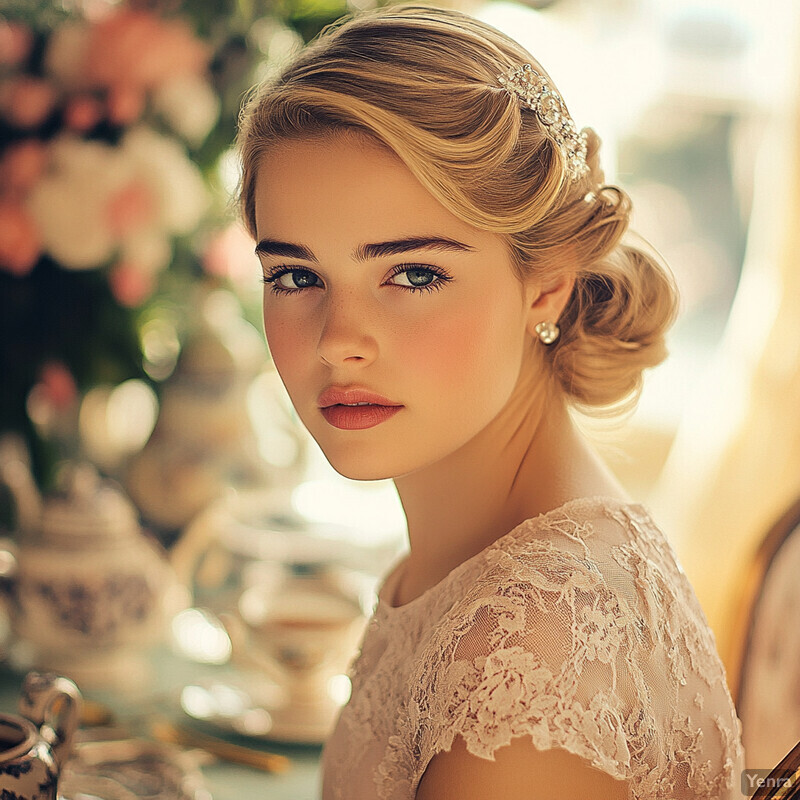 A woman dressed in white lace attends a formal tea party, exuding elegance and sophistication.