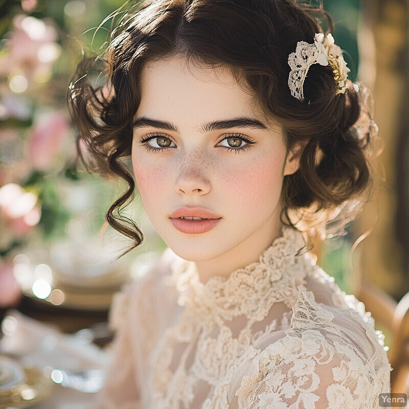 A young woman in an elegant white dress poses for a photo shoot, likely at a wedding or prom.