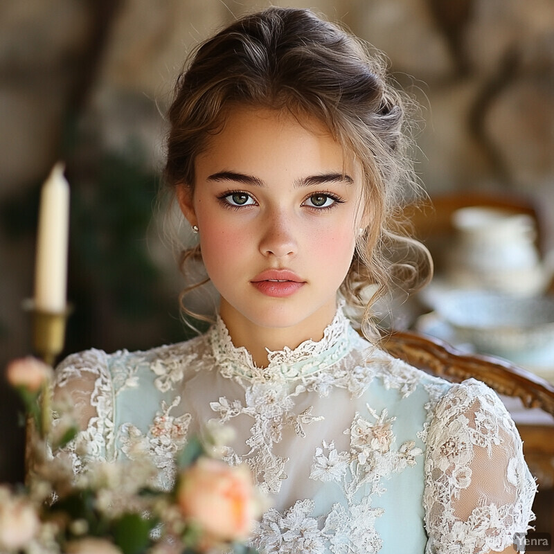 A young girl in a white lace dress poses for a formal event or photoshoot