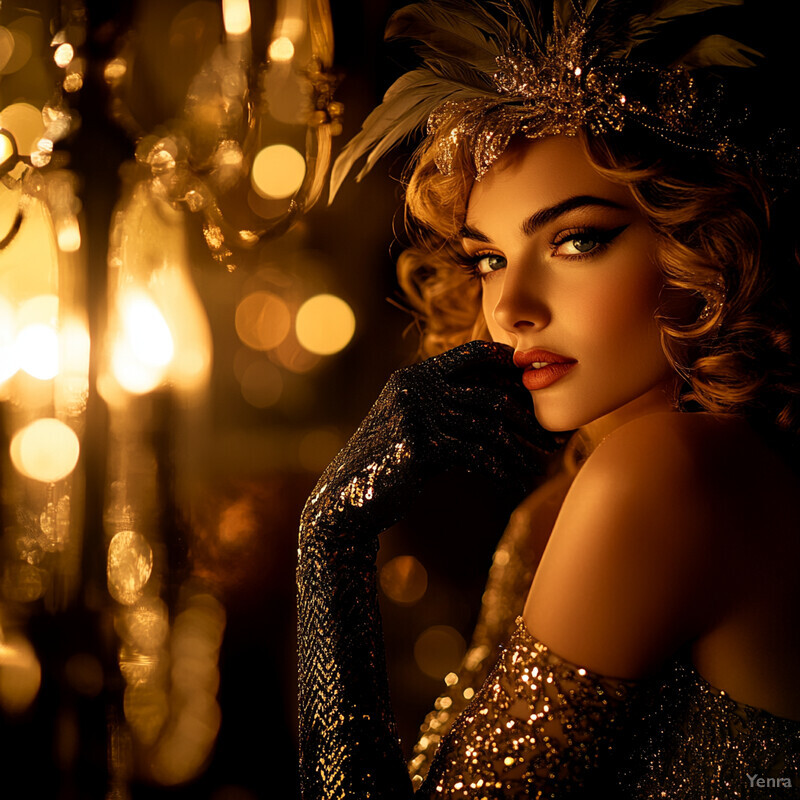 A woman in a black dress with gold sequins, adorned with a feathered headpiece, exudes confidence and poise in an elegant setting.