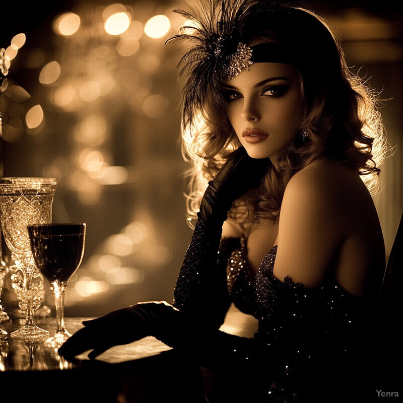 A woman dressed in 1920s attire sits at a table with two glasses of wine and a deck of cards