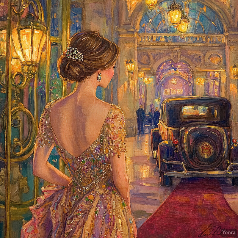 A woman in a gold gown stands on a red carpet, gazing out at an opera house or ballroom.