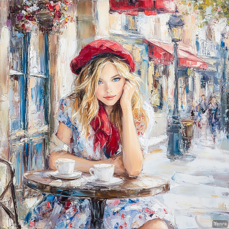 A young woman sits at an outdoor cafe in Paris, wearing a red beret and white dress with floral pattern.