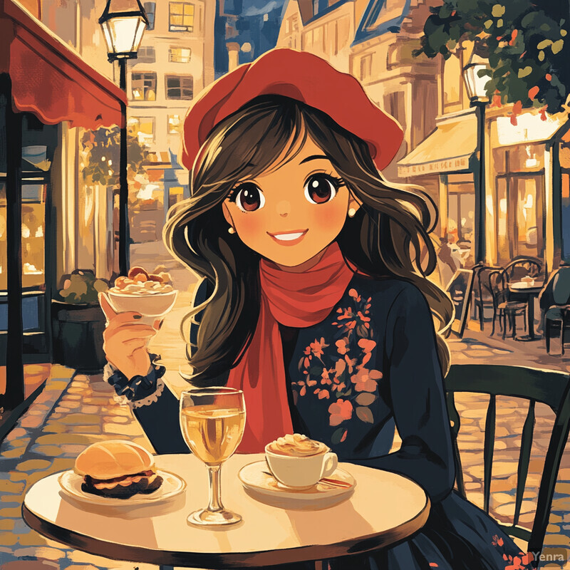 Cartoon illustration of a woman enjoying coffee and dessert outside a Parisian cafe