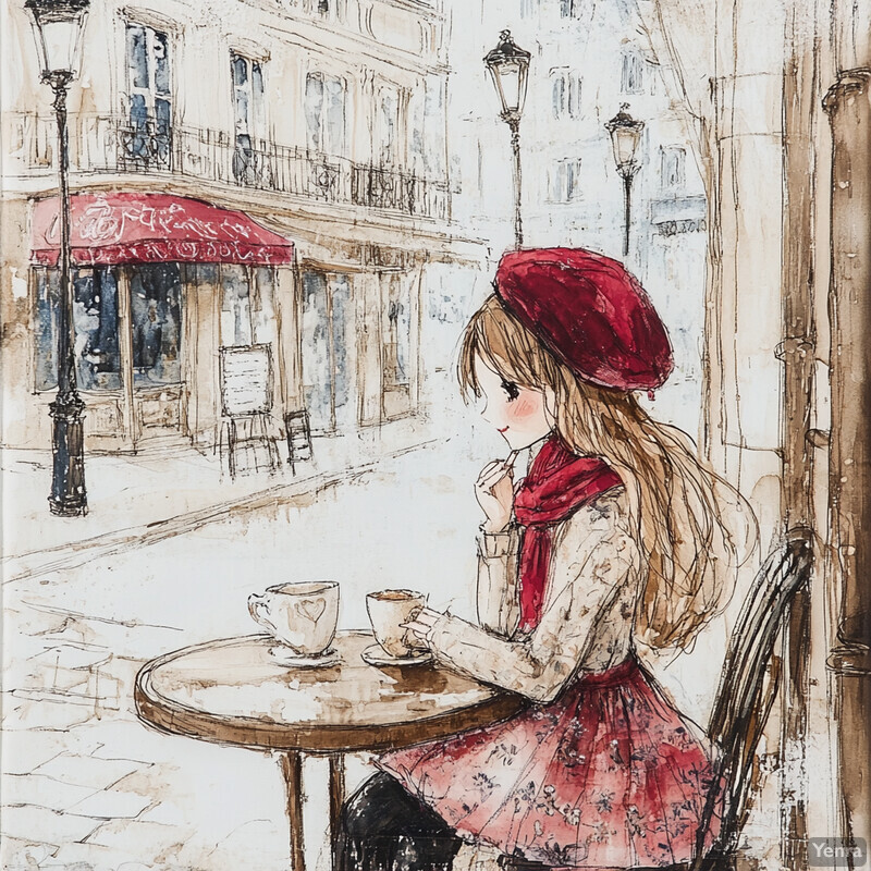 A woman sits at a table outside a Parisian café, surrounded by elegant details and a warm atmosphere.