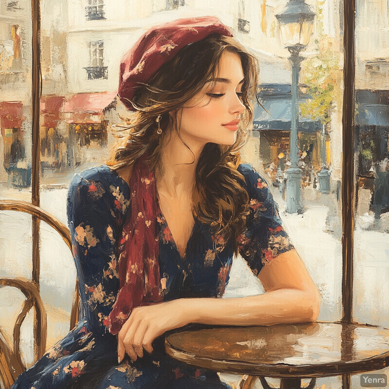 A woman sits at a table in front of a window, gazing out at the street, dressed in a blue floral dress with a red beret.