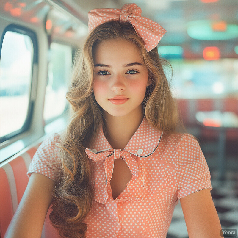 A young girl in a pink polka-dot dress posing in a retro diner.