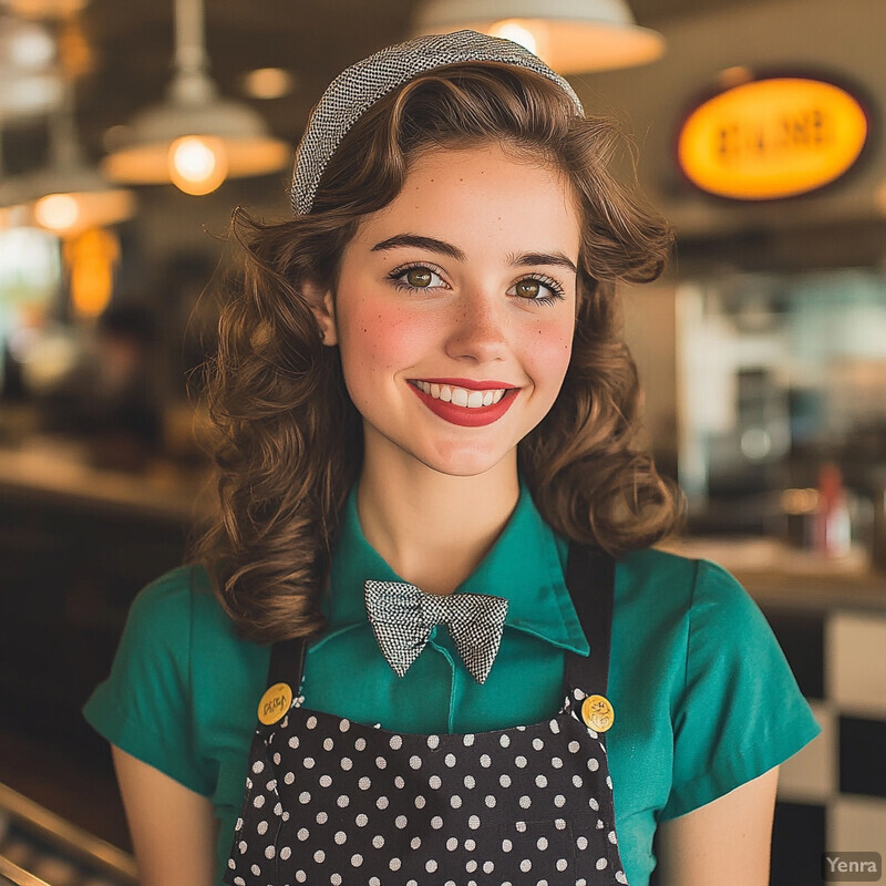 A young woman in a retro-inspired outfit poses for a photo at what appears to be a 1950s-style diner.