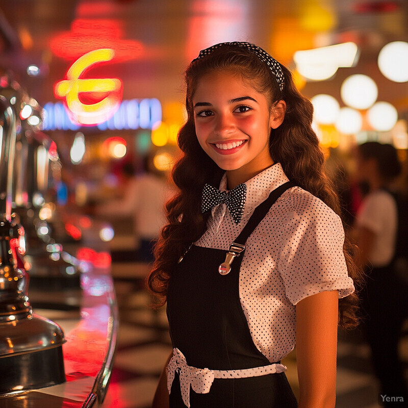 A young woman stands in front of a diner counter at night, dressed in a white polka-dot shirt, black overalls, and matching headband, exuding a sense of nostalgia and retro charm.