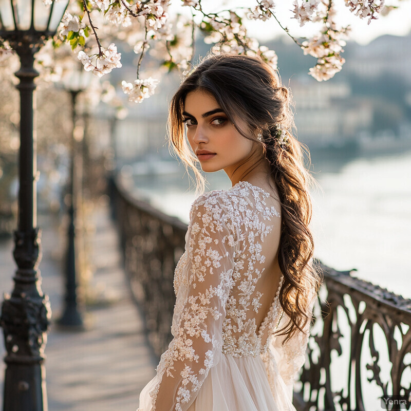 A young woman in a white wedding dress stands on a bridge overlooking a river, exuding romance and tranquility.