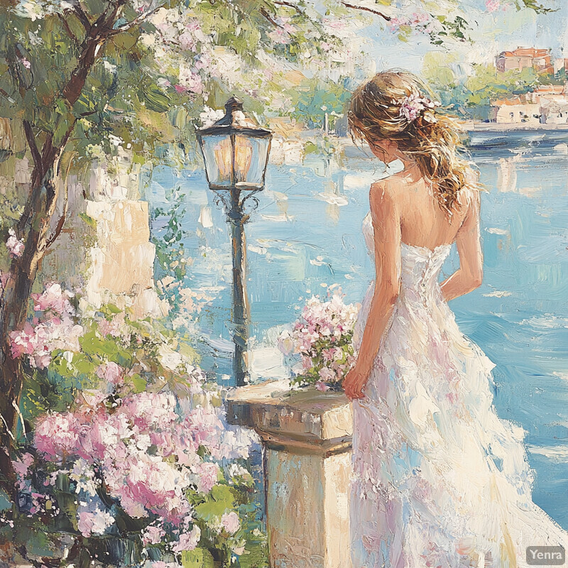 A serene and idyllic scene of a woman in a white dress standing by a riverbank, surrounded by lush greenery and vibrant flowers.