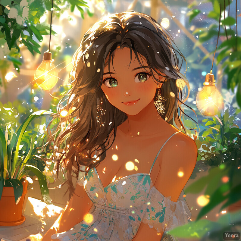 A young woman sitting in a sunlit patio surrounded by greenery and flowers.