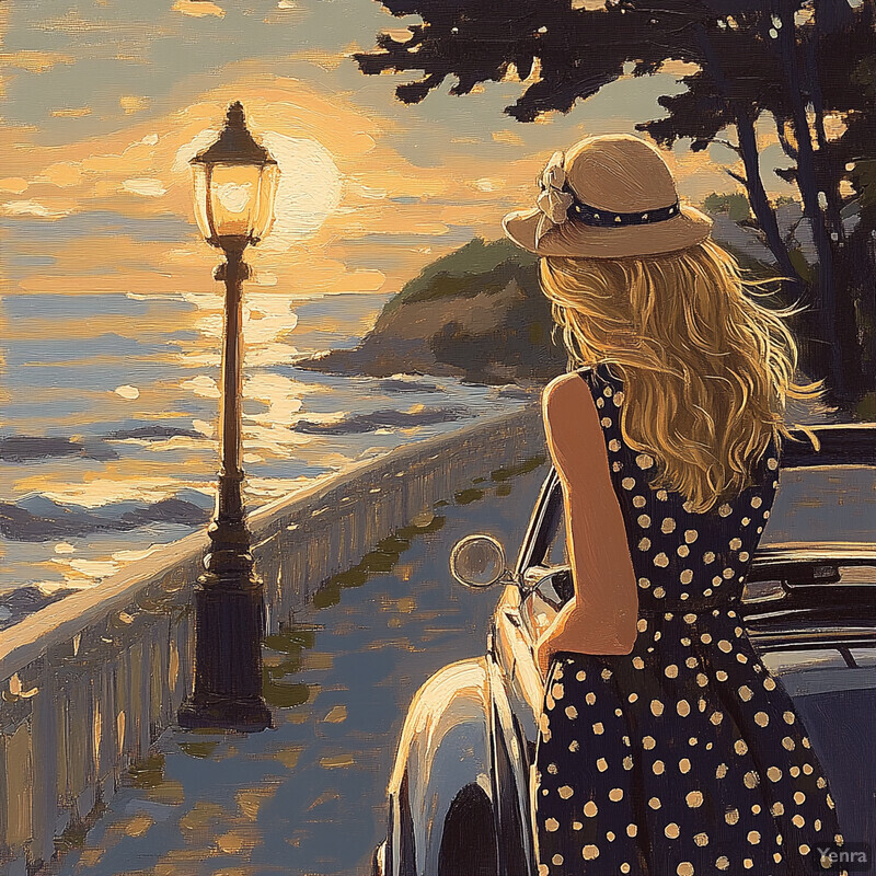 A woman stands by her car, gazing out at the ocean during sunset.