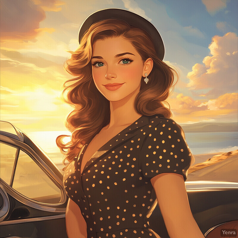 A woman stands in front of a convertible car, enjoying the sunset over the ocean.