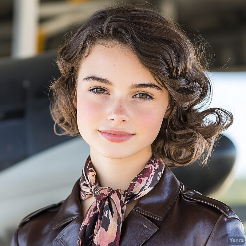 A young woman posing in front of an airplane