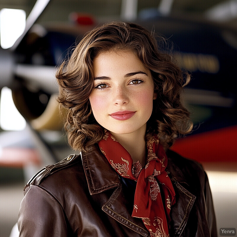 A young woman with fair skin and brown hair stands confidently in front of an airplane or hangar, dressed in a dark-brown leather jacket and red scarf.