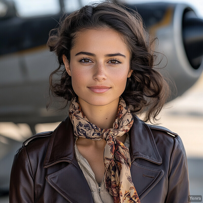 A woman stands in front of an airplane engine, dressed in a brown leather jacket with epaulets on her shoulders.