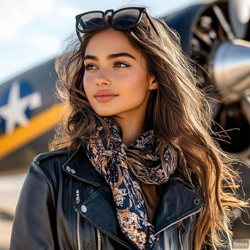 Portrait of a young woman in front of a plane