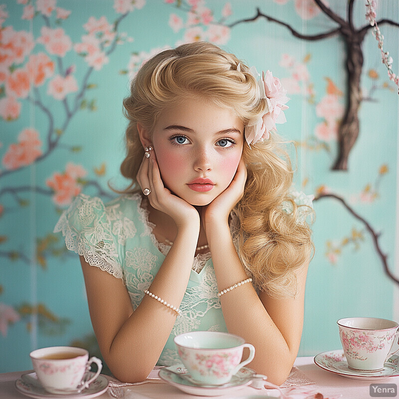 A young girl sits at a table with teacups and saucers, surrounded by pastel pink flowers against a light blue backdrop.