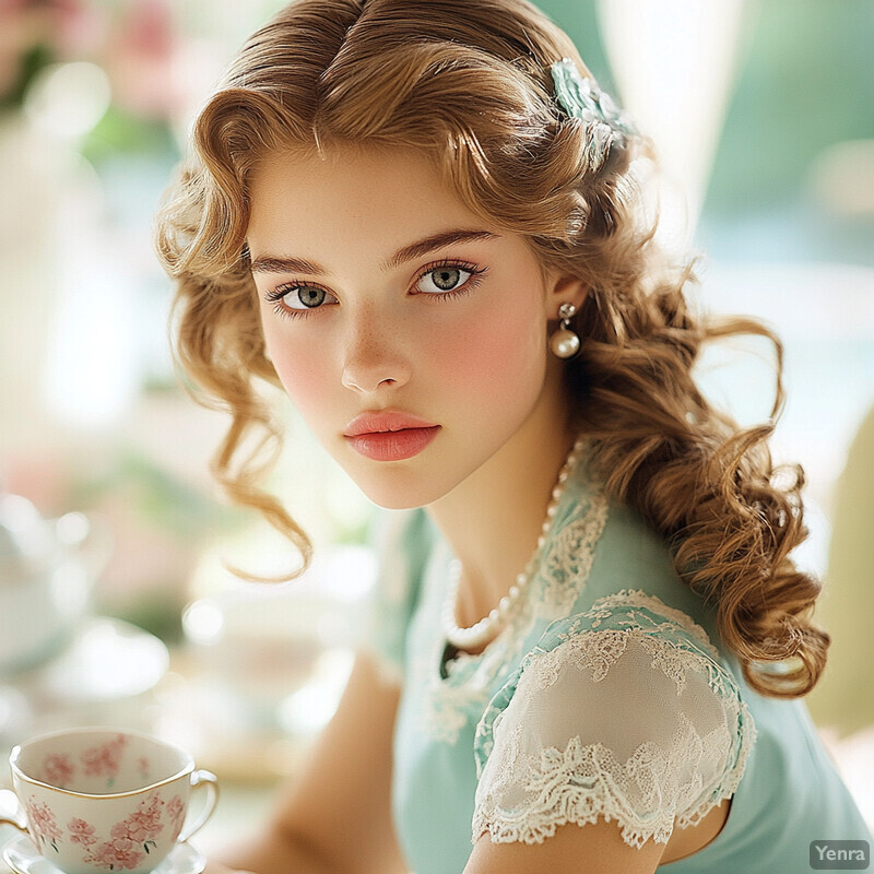 A young woman with fair skin and long, curly brown hair enjoys a tea party in a refined atmosphere.