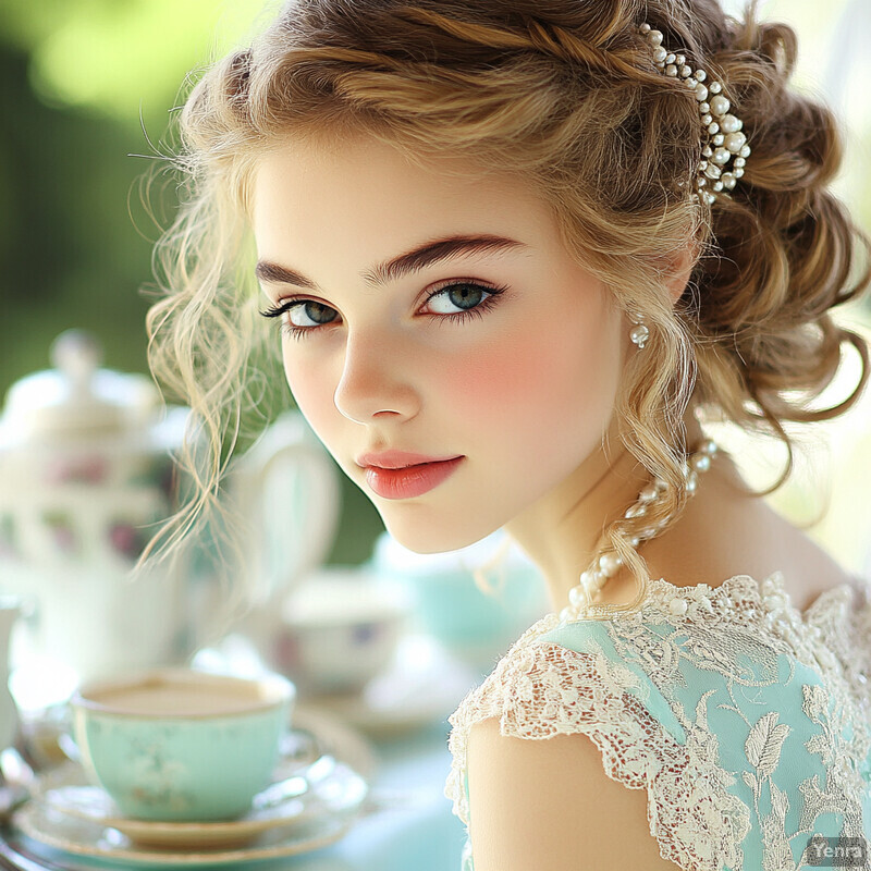 A young woman enjoys afternoon tea in a serene outdoor setting.