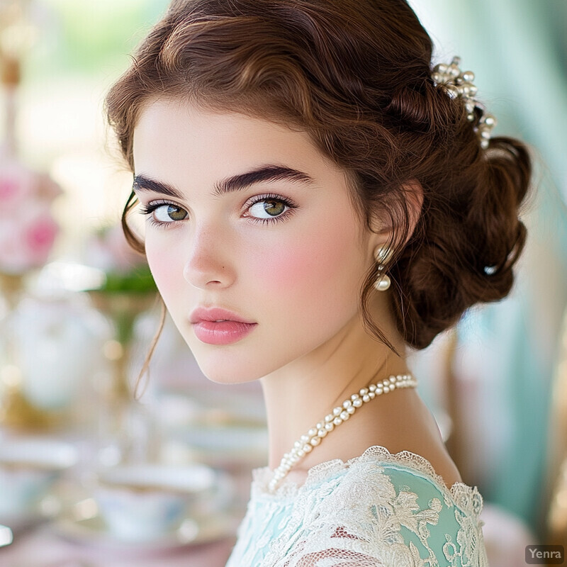 Woman with brown hair in an updo, wearing white lace top and pearl necklace, gazing left.