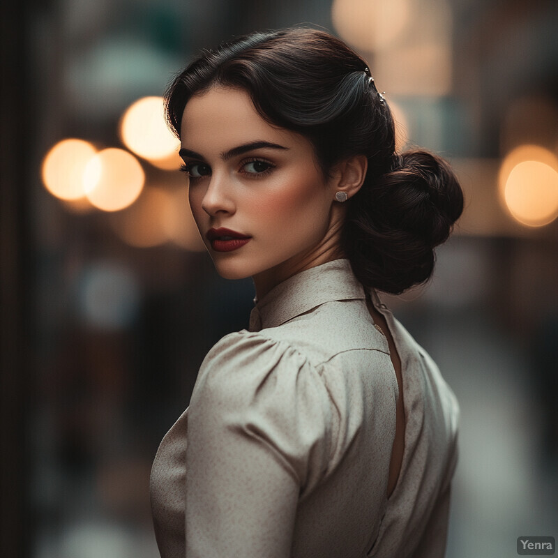 A woman in a white blouse poses elegantly in an urban setting