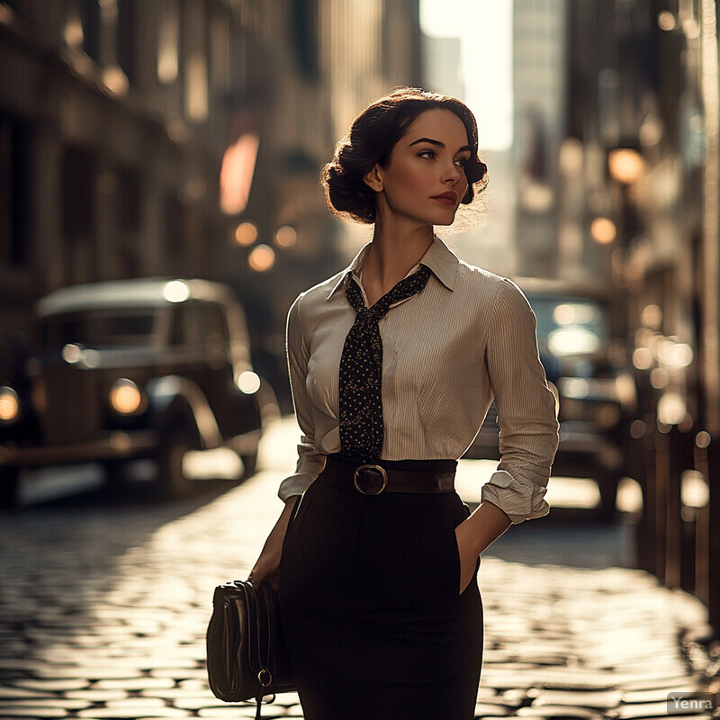 A woman walks down a cobblestone street in an urban setting, exuding elegance and sophistication.