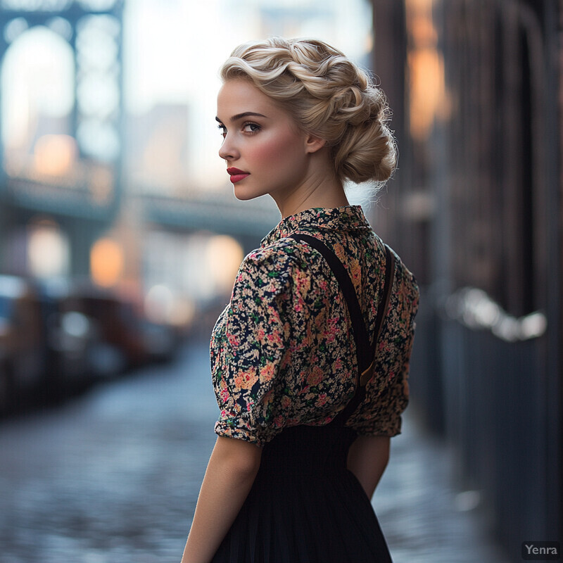 A woman with blonde hair and dark red lipstick stands in an urban setting, dressed in a black floral-patterned blouse and long skirt.