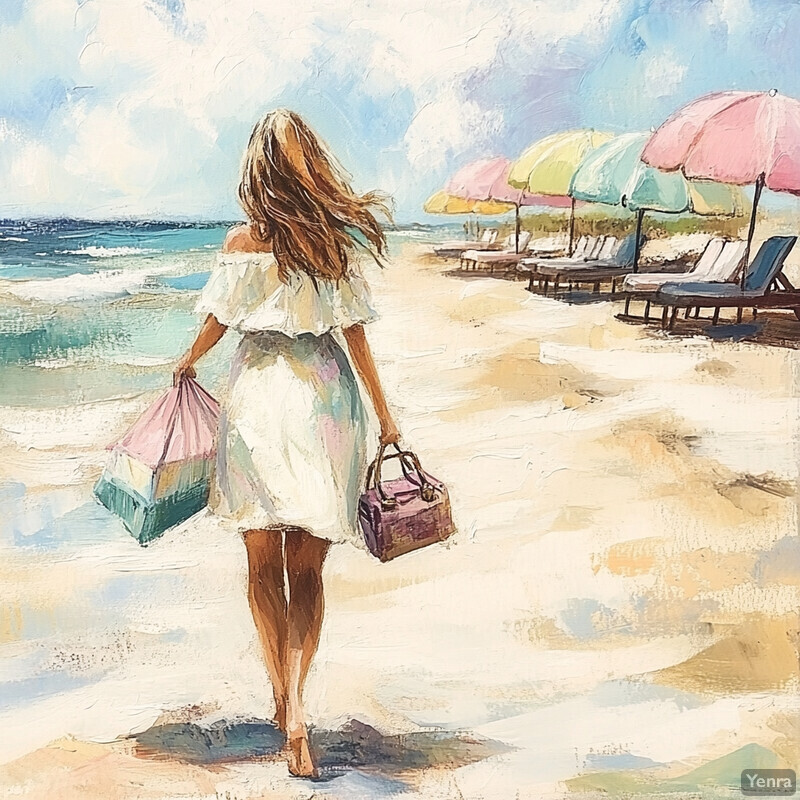 A woman walking on a beach with colorful bags